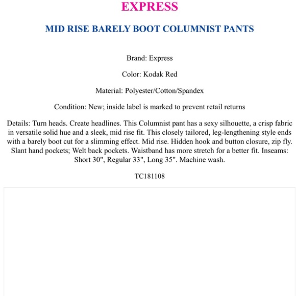 NWOT Express Mid-Rise Barely Boot Columnist Pant - Picture 6 of 6